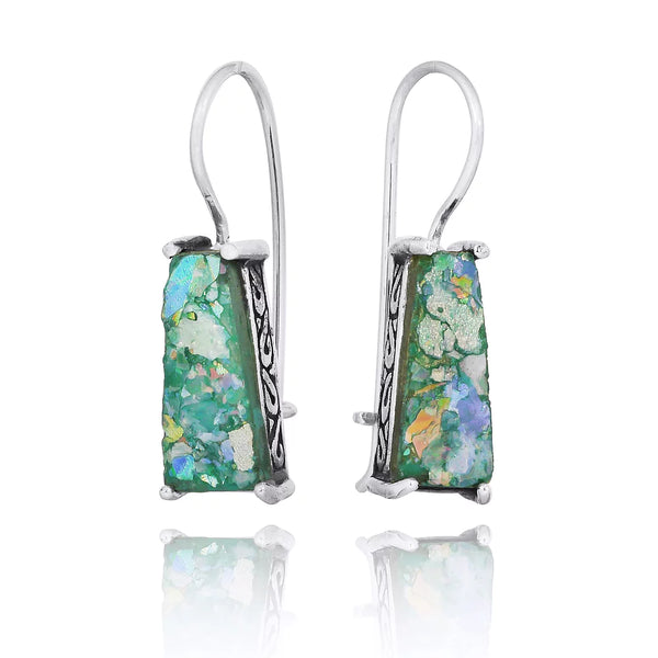 Trapezoid Shape Roman Glass Silver Earring