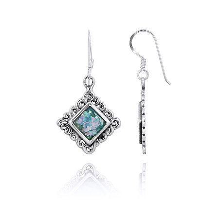 Elegant Square with Filigree Design Roman Glass Earrings
