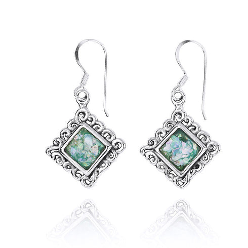 Elegant Square with Filigree Design Roman Glass Earrings
