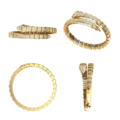 14K Gold With Pave Diamond Snake Bangle