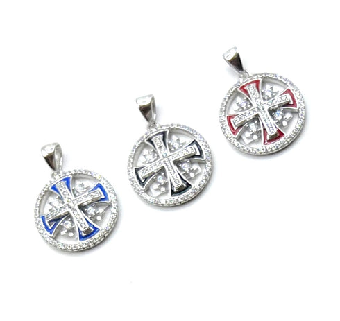 Sterling Silver Enamel Round Jerusalem Cross Pendant