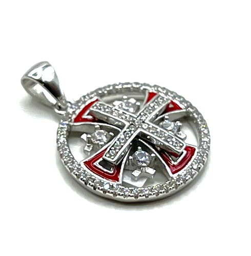 Sterling Silver Enamel Round Jerusalem Cross Pendant