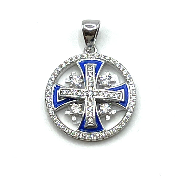 Sterling Silver Enamel Round Jerusalem Cross Pendant