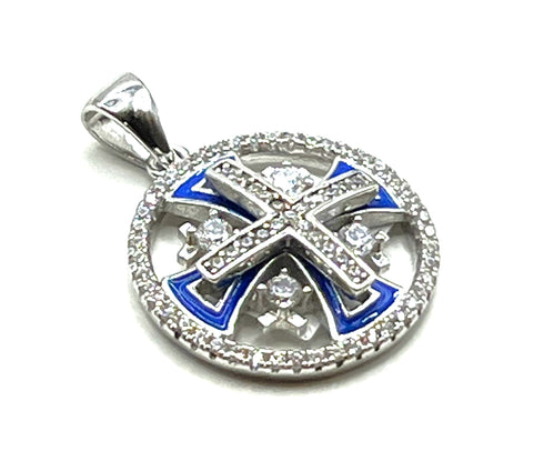 Sterling Silver Enamel Round Jerusalem Cross Pendant