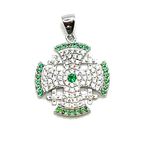 Sterling Silver Pave Stone Jerusalem Cross Pendant