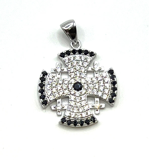 Sterling Silver Pave Stone Jerusalem Cross Pendant