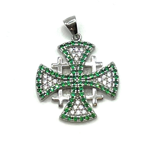 Sterling Silver Pave Stone Jerusalem Cross Pendant