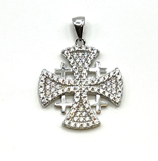 Sterling Silver Pave Stone Jerusalem Cross Pendant