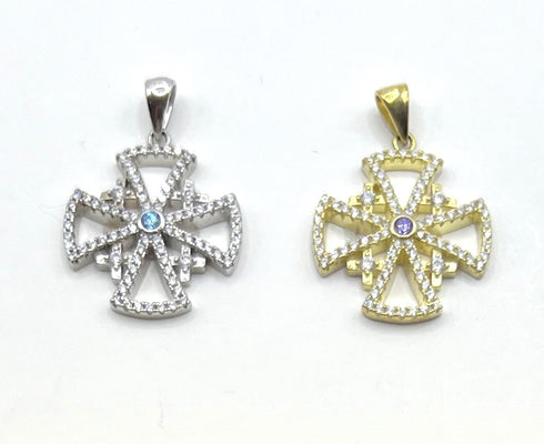 Sterling Silver Colored Stone Jerusalem Cross Pendant