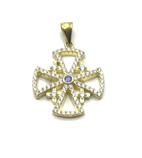 Sterling Silver Colored Stone Jerusalem Cross Pendant