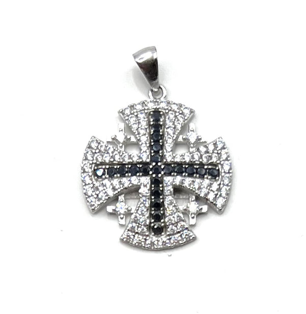 Sterling Silver Colored Pave Stone Jerusalem Cross Pendant