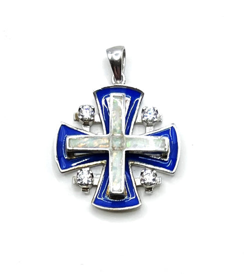 Sterling Silver Enamel with Opal Jerusalem Cross Pendant