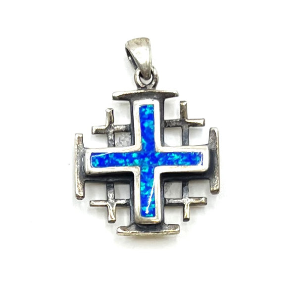Sterling Silver with Opal Jerusalem Cross Pendant