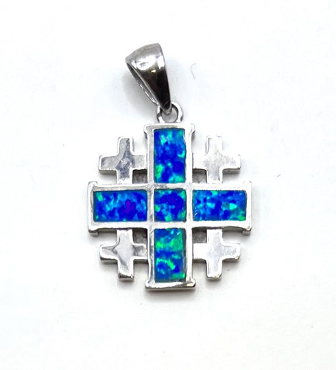 Sterling Silver with Opal Jerusalem Cross Pendant