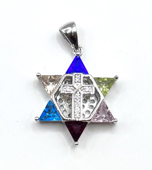 Sterling Silver With Stones Star of David with Cross Pendant