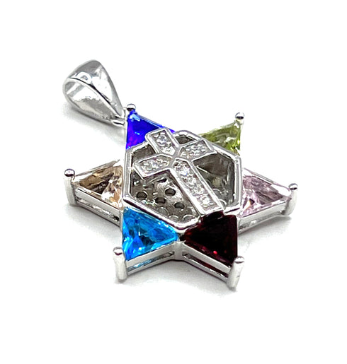Sterling Silver With Stones Star of David with Cross Pendant