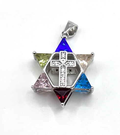 Sterling Silver With Stones Double Sided Star of David with Cross Pendant
