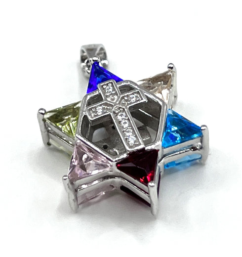 Sterling Silver With Stones Double Sided Star of David with Cross Pendant