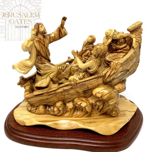 Jesus on the Boat in the Storm Hand Carved Olive wood Stateu from The Holy Land