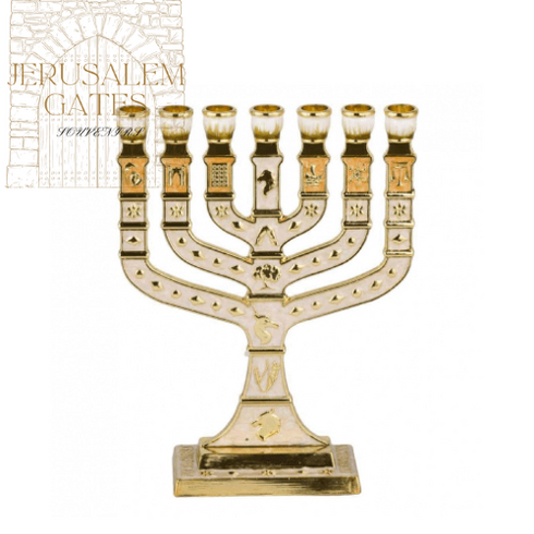 Gold Plated 12 Tribes Temple Jerusalem Ornament 7 Branch Menorah