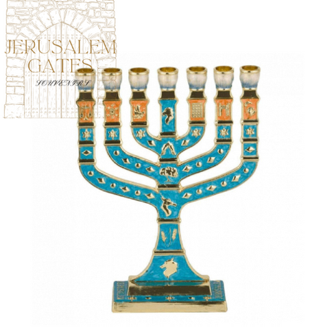 Gold Plated 12 Tribes Temple Jerusalem Ornament 7 Branch Menorah