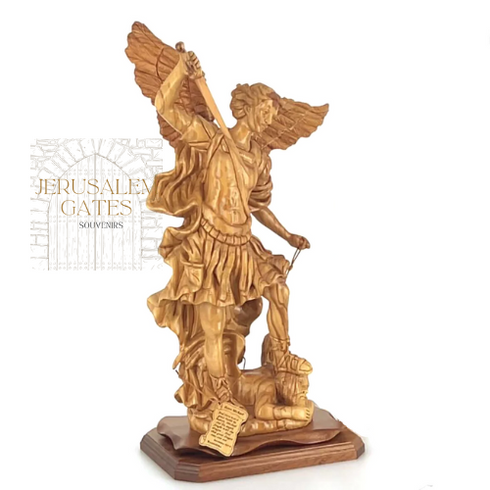 Saint Michael the Archangel Hand Carved Olive wood Stateu from The Holy Land