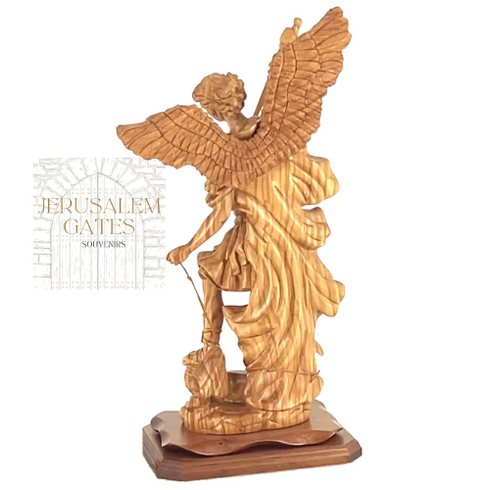 Saint Michael the Archangel Hand Carved Olive wood Stateu from The Holy Land