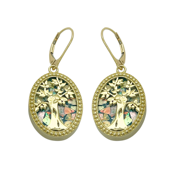14k Yellow Gold Tree Of Life Roman Glass Earrings
