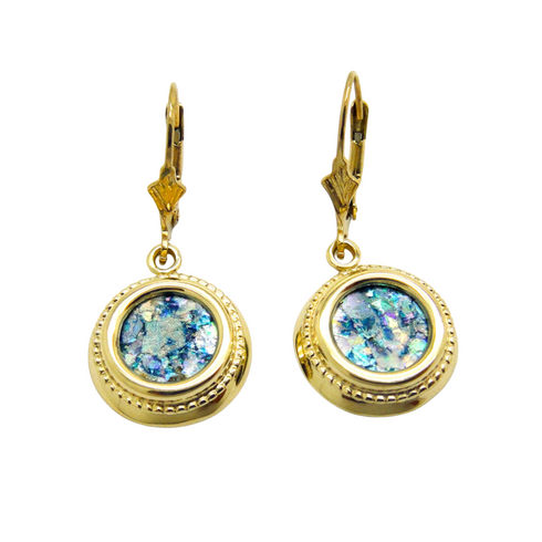 14k Yellow Round Roman Glass Earrings