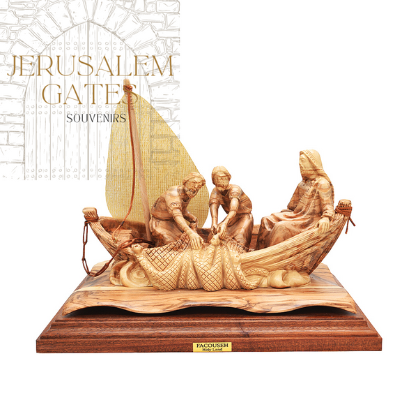 Jesus & The Miraculous Catch Of Fish Olive Wood Statue