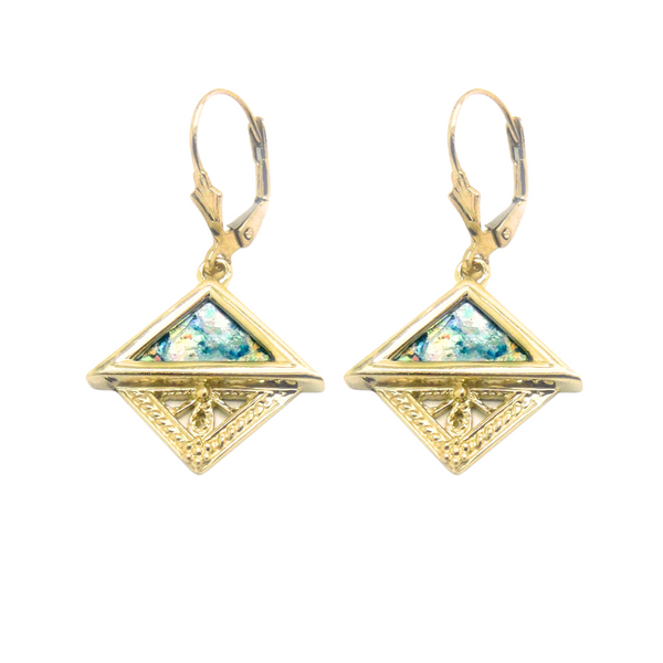 14k Yellow Rhombus Roman Glass Earrings