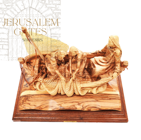 Jesus & The Miraculous Catch Of Fish Olive Wood Statue