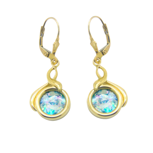 14k Yellow Elegant Round Roman Glass Earrings