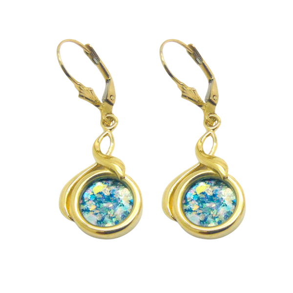 14k Yellow Elegant Round Roman Glass Earrings