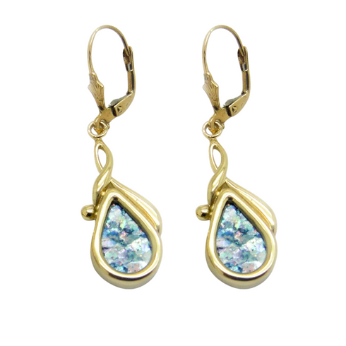 14K Yellow Elegant Tear Drop Roman Glass Earrings