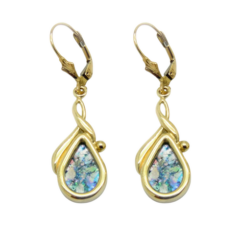 14k Yellow Elegant Tear Drop Roman Glass Earrings