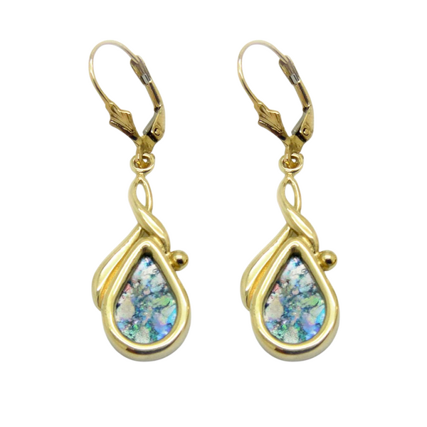 14k Yellow Elegant Tear Drop Roman Glass Earrings