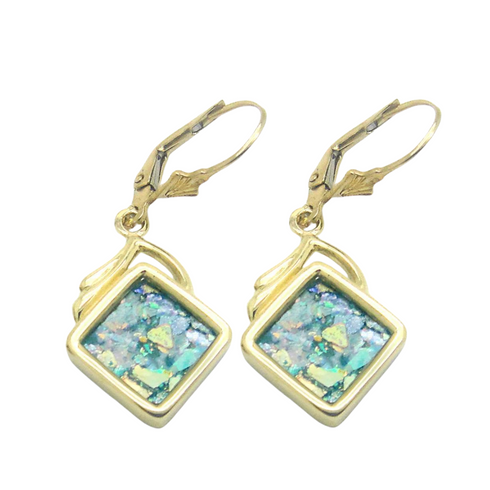 14K Yellow Square Geometric Roman Glass Earrings