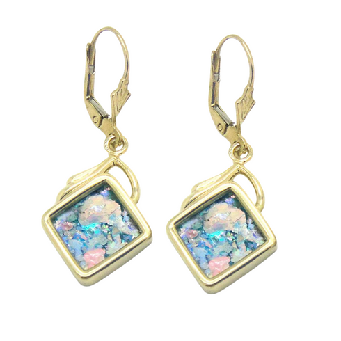 14K Yellow Square Geometric Roman Glass Earrings