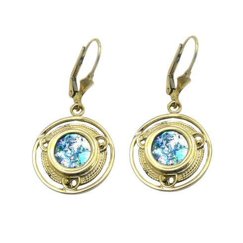 14K Yellow Dangle Round Roman Glass Earrings