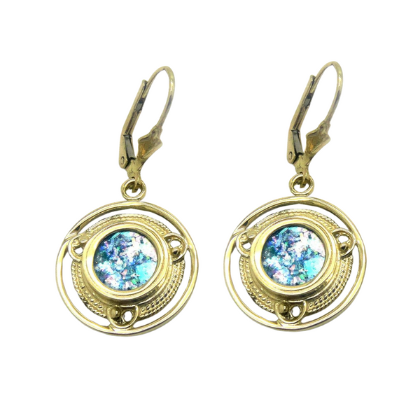 14K Yellow Dangle Round Roman Glass Earrings