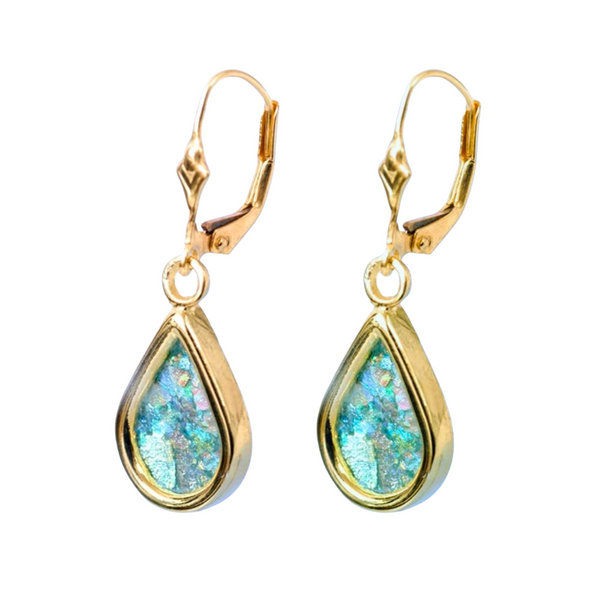 14k Yellow Classic Tear Drop Roman Glass Earrings