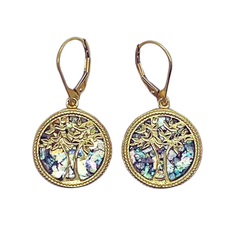 14k Yellow Gold Round Tree Of Life Roman Glass Earrings