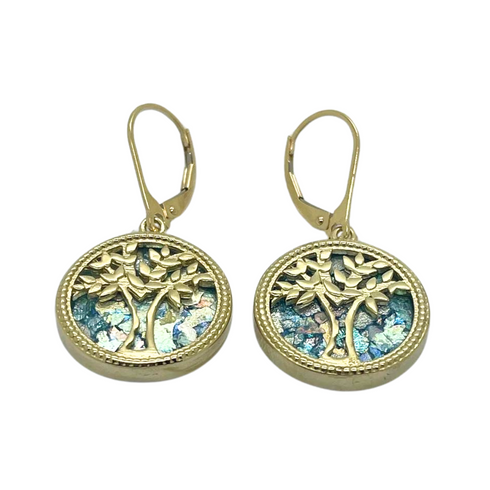 14k Yellow Gold Round Tree Of Life Roman Glass Earrings