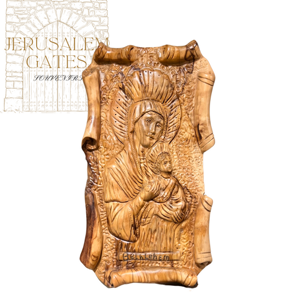 Olive Wood Madonna Virgin Mary With Jesus Wall Plaque