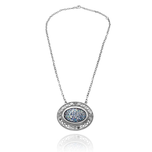Oval Roman Glass Silver Necklace
