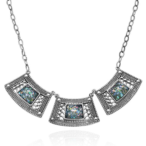 Rectangle Filigree Roman Glass Silver Necklace