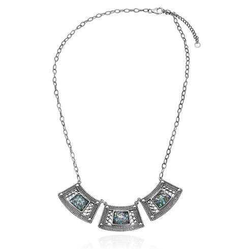 Rectangle Filigree Roman Glass Silver Necklace